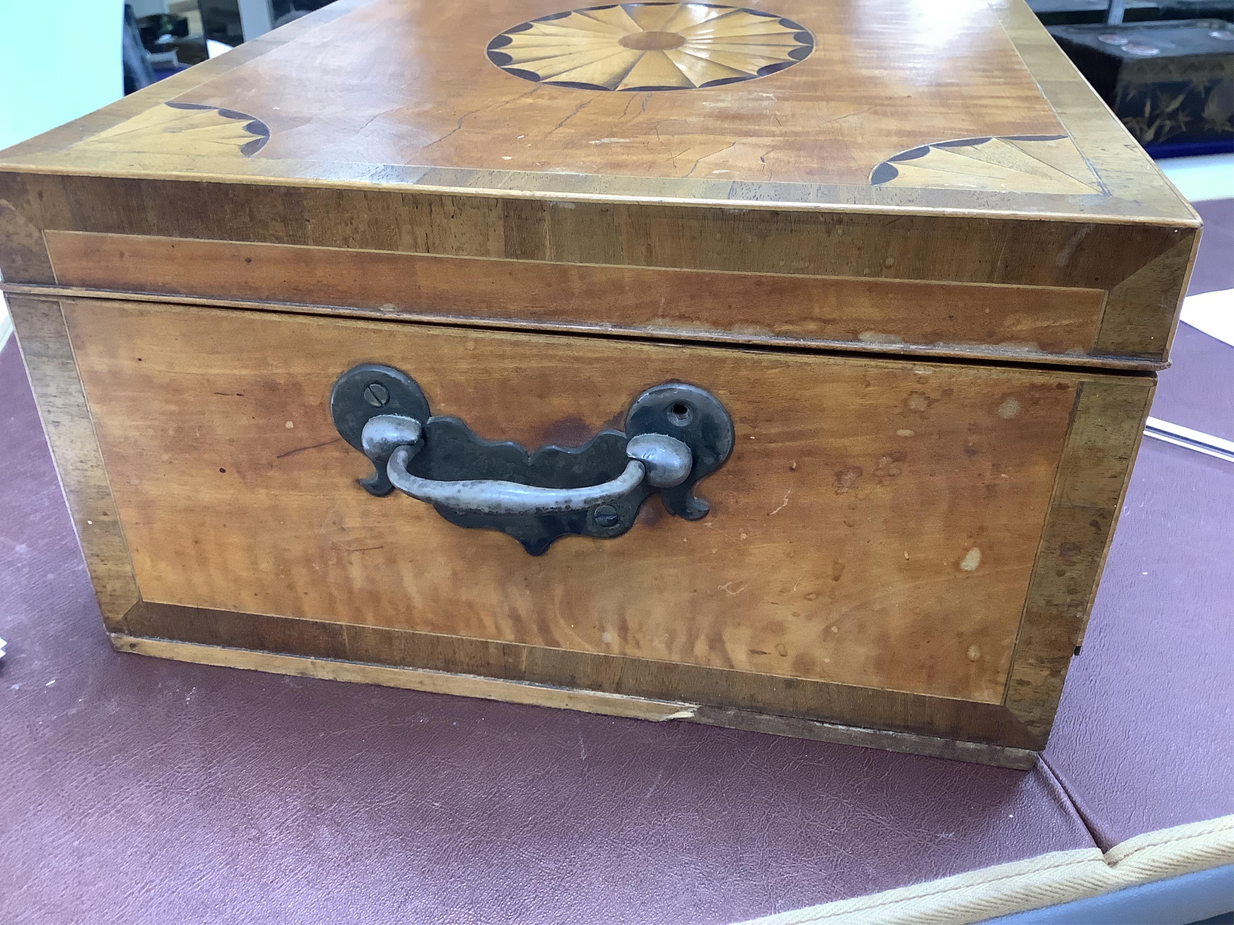 A 19th century paterae inlaid satinwood writing box, 39cm wide. CITES Submission reference ASNPNB4A. Condition - fair.